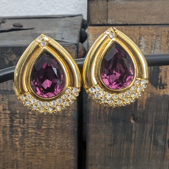 Swarovski Amethyst Crystal and Clear Crystal Gold Tone Earrings Clip Style - Picture 4 of 11